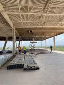 ceiling of building with spray fireproofing applied